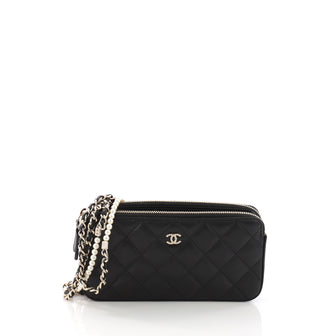 Chanel Double Zip Clutch with Pearl Chain Quilted Black 3828117
