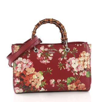 Gucci Bamboo Shopper Tote Blooms Print Leather Medium Red 382851