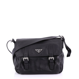 Prada Two Pocket Messenger Bag Leather Medium Black 383021