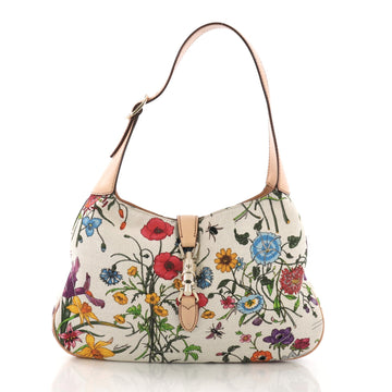 Gucci Jackie O Handbag Flora Canvas Small White 383072