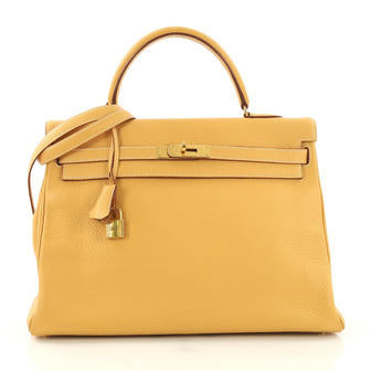 Hermes Kelly Handbag Brown Clemence with Gold Hardware 35 - Rebag