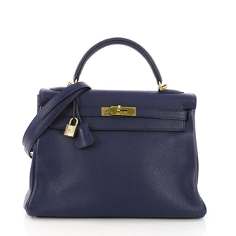 Hermes Kelly Handbag Blue Clemence with Gold Hardware 32 3844019