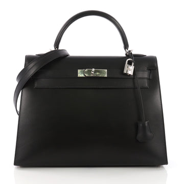 Hermes Kelly Handbag Black Box Calf with Palladium Hardware 32