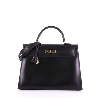 Hermes Kelly Handbag Black Box Calf with Gold Hardware 3844027