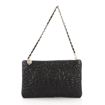 Chanel Camellia Chain Clutch Embossed Leather Black 3844048