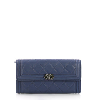 Chanel Boy Flap Wallet Quilted Caviar Long Blue 3844076