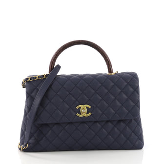 Chanel Coco Top Handle Bag Quilted Caviar with Lizard Medium Blue 3844080