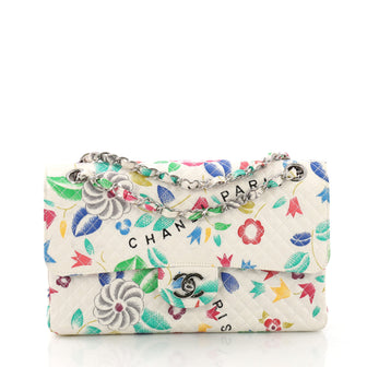 Chanel Model: Vintage Classic Single Flap Bag Floral Print Quilted Canvas Medium White 38440/91