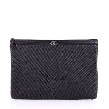 Chanel Model: Boy O Case Clutch Chevron Quilted Lambskin Large Black 38440/99