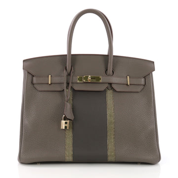 Hermes Club Birkin Handbag Grey Clemence and Lizard with Gold Hardware 35 38440/9