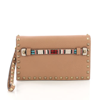 Valentino Rockstud Flap Clutch Beaded Leather Small Neutral 384451