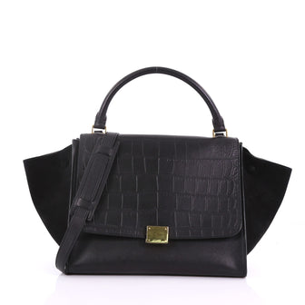 Celine Trapeze Handbag Crocodile Embossed Leather Medium Black 3846738