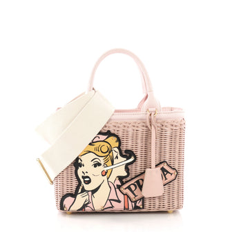 Prada Comic Basket Bag Wicker with Canapa and Applique Small Pink 3846754