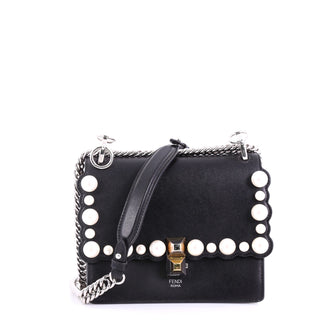 Fendi Kan I Handbag Pearl Embellished Leather Small Black 384685
