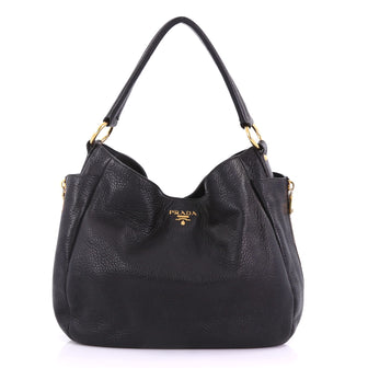 Prada Side Pocket Zip Hobo Vitello Daino Large Black 385772