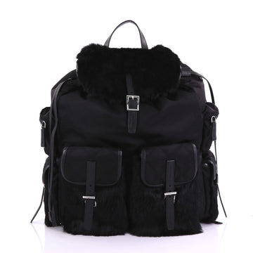 Prada Double Front Pocket Backpack Tessuto with Fur 3859724