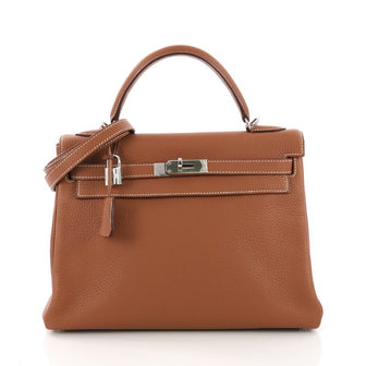Hermes Kelly Handbag Brown Clemence with Palladium Hardware 32 Brown 385979