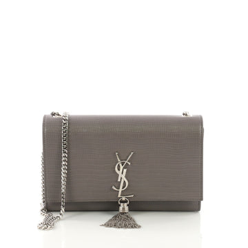 Saint Laurent Classic Monogram Tassel Crossbody Bag Crocodile Embossed Leather Medium Gray 3863220