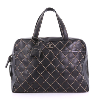 Chanel Front Pocket Surpique Boston Bag Quilted Leather Large Black 3863223