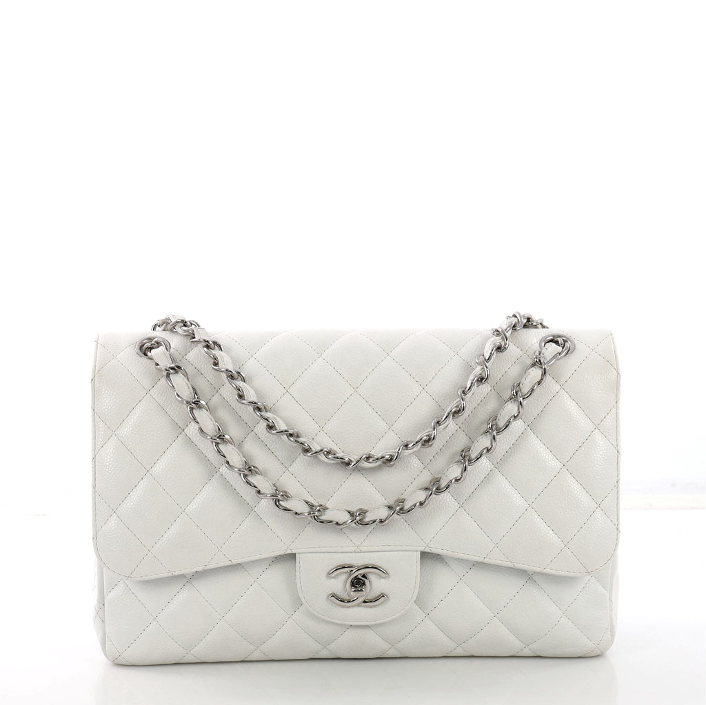 Chanel Classic Double Flap Bag Quilted Caviar Jumbo White 386651