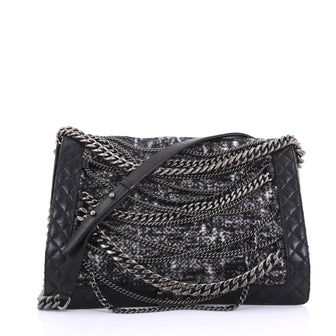 Chanel Boy Flap Bag Enchained Tweed XL Black 386771