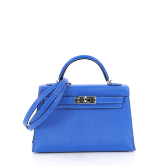Hermes Kelly Mini II Handbag Blue Chevre Mysore with 387353