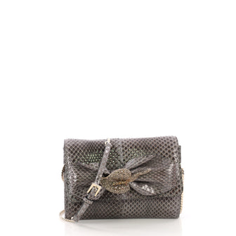 Valentino Crystal Brooch Crossbody Bag Python Mini Gray 387465
