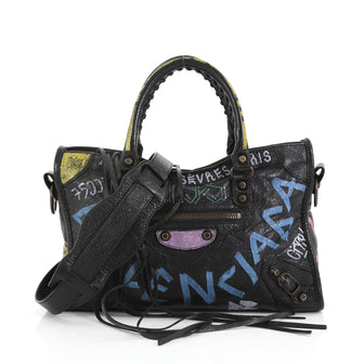 Balenciaga City Graffiti Classic Studs Handbag Leather Small Black 387851