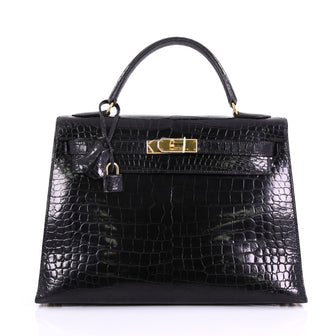 Hermes Kelly Handbag Black Shiny Porosus Crocodile with Gold Hardware 32
