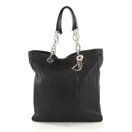 Christian Dior Soft Chain Tote Woven Leather Medium Black 388671