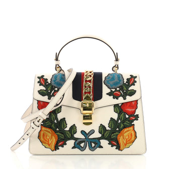 Gucci Sylvie Top Handle Bag Embroidered Leather Medium White 389082