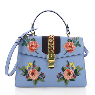 Gucci Sylvie Top Handle Bag Embroidered Leather Medium Blue 3898210