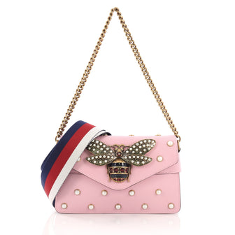 Gucci Broadway Pearly Bee Shoulder Bag Embellished Leather 389823