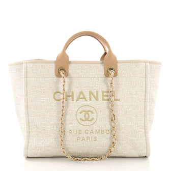 Chanel Deauville Chain Tote Raffia Large - Designer Handbag Neutral 390042