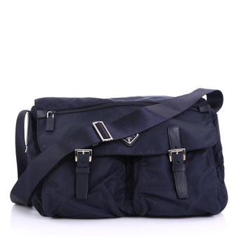 Prada Zip Buckle Messenger Bag Tessuto Medium Blue 390202