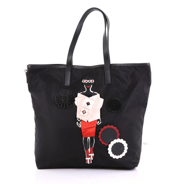 Prada Open Tote Tessuto with Applique Large Black 3913811