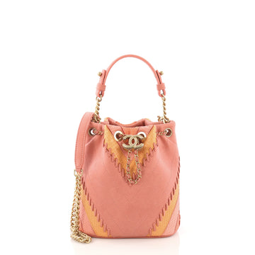 Chanel CC Drawstring Bucket Bag Whipstitch Chevron Leather 393255