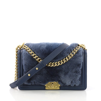 Chanel Boy Flap Bag Fur with Leather Old Medium Blue 3940056