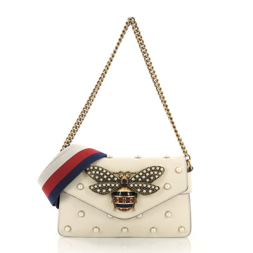 Gucci Broadway Pearly Bee Shoulder Bag Embellished Leather 394172