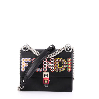 Fendi Kan I Handbag Embellished Applique Leather Small Black 394253