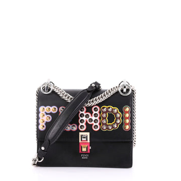 Fendi Kan I Handbag Embellished Applique Leather Small Black 394253