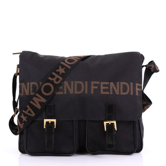 Fendi Vintage Logo Pocket Messenger Bag Nylon Medium Black 394736