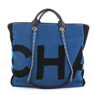 Chanel Logo Shopping Tote Printed Shearling Large Blue 394742