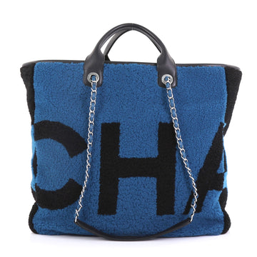 Chanel Logo Shopping Tote Printed Shearling Large Blue 394742