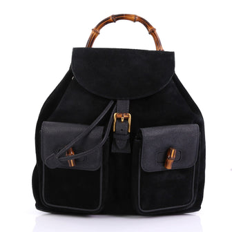 Gucci Vintage Bamboo Backpack Suede Medium Black 394745