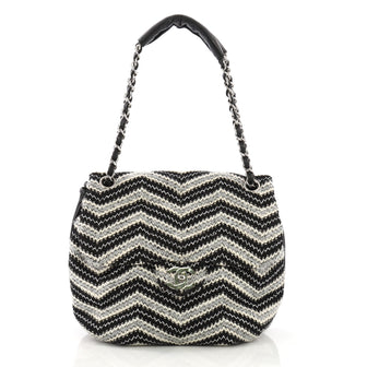 Chanel Vintage Round Flap Bag Chevron Tweed Medium Black 3951553