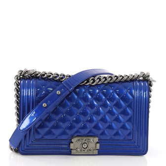 Chanel Boy Flap Bag Quilted Patent Old Medium Blue