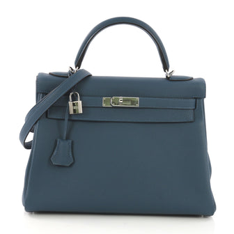 Hermes Kelly Handbag Blue Togo with Palladium Hardware 32 3954033