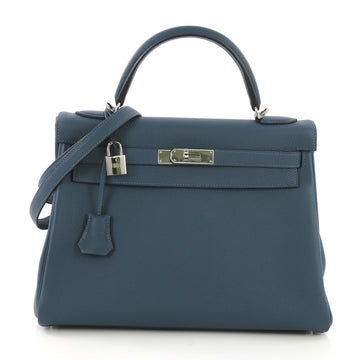 Hermes Kelly Handbag Blue Togo with Palladium Hardware 32 3954033