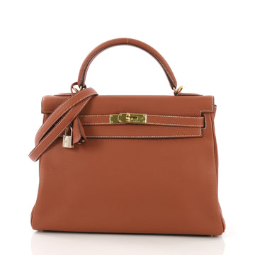 Hermes Kelly Handbag Brown Clemence with Gold Hardware 32 3954039